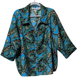 Selene Sport paisley novelty print collared button front shirt blouse 2X